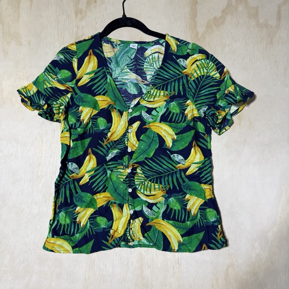 Old Navy Women's Small Tropical Banana Print Button Front Linen Blend Blouse Top